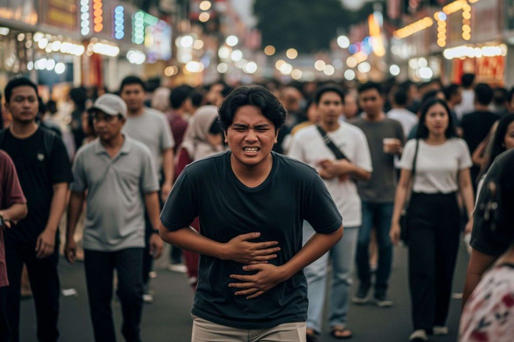 (Ilustrasi seseorang mengalami asam lambung pada saat jalan-jalan ke Jakarta Fair 2025, sumber : Gemini AI)