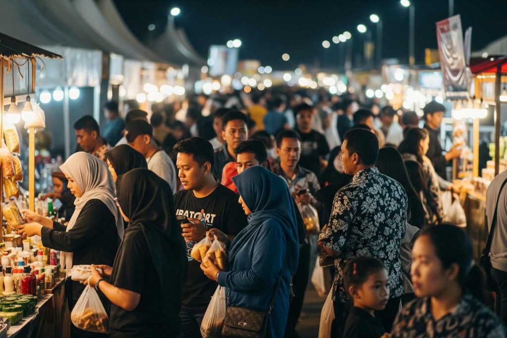 (Ilustrasi orang-orang bepergian ke Jakarta Fair pada saat malam hari, sumber : Gemini AI)