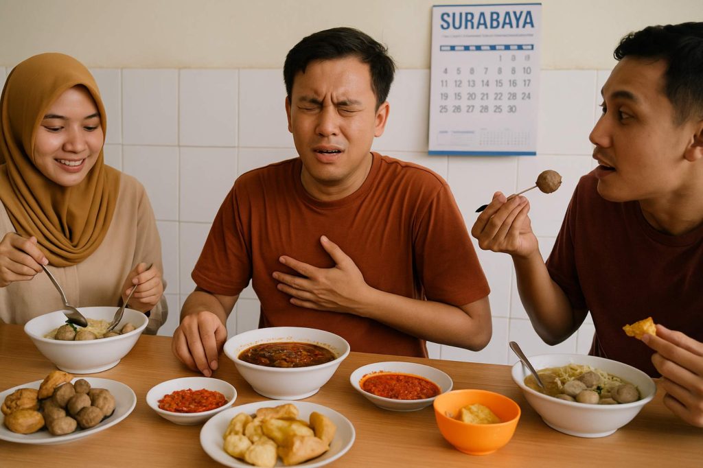 (Ilustrasi sekelompok orang sedang mengonsumsi makanan pedas yang menyebabkan asam lambung, sumber : AI)