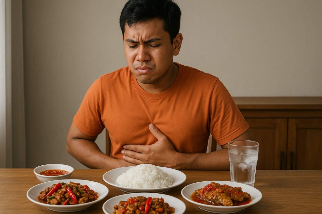 (Ilustrasi seorang pria sedang makan makanan pedas dan mengalami asam lambung, sumber : AI)