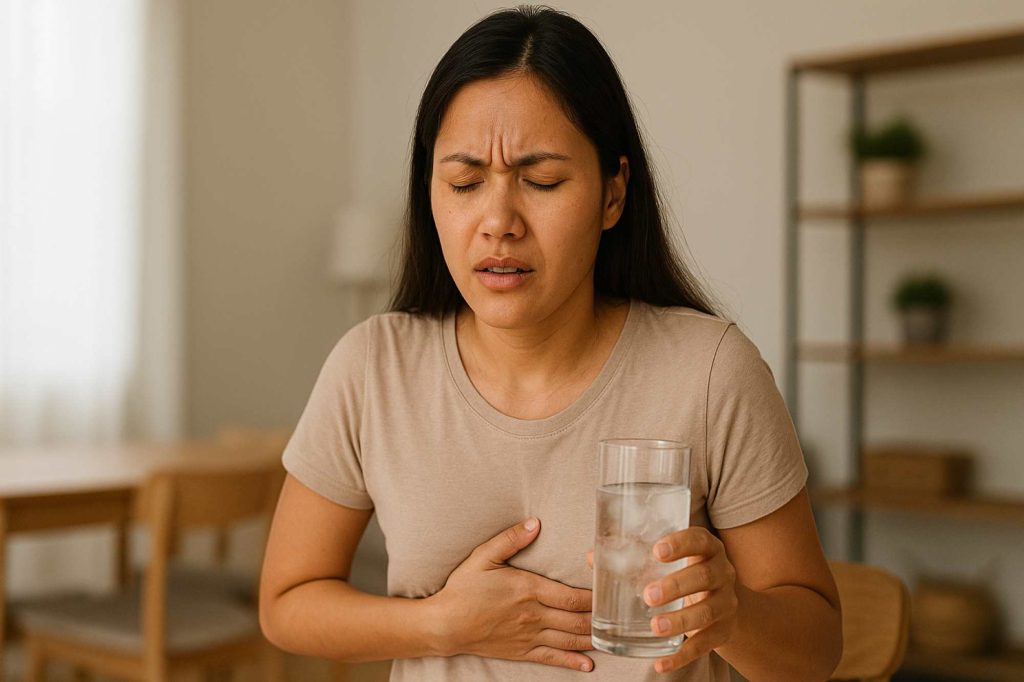 (Ilustrasi seorang wanita sedang mengalami GERD dan minum air dingin, sumber : AI)