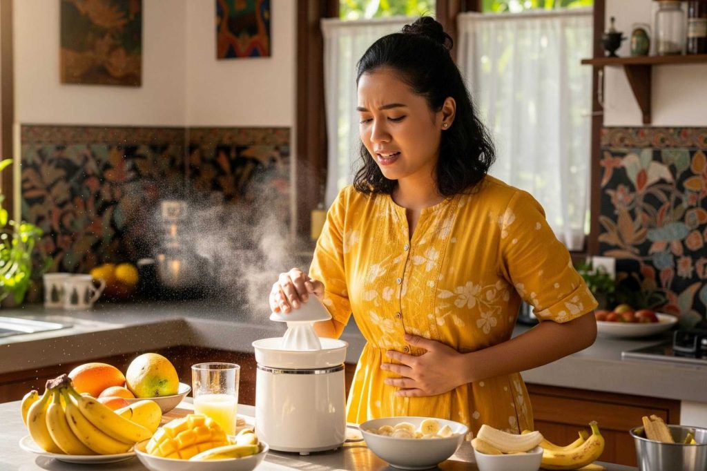 (Ilustrasi seorang wanita yang mengalami asam lambung naik dan mengobatinya dengan jus buah, sumber : freepik)