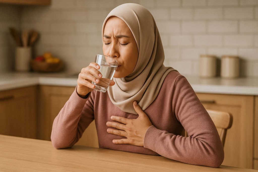 (Ilustrasi seseorang terkena asam lambung dan meredakannya dengan air hangat, sumber : AI)