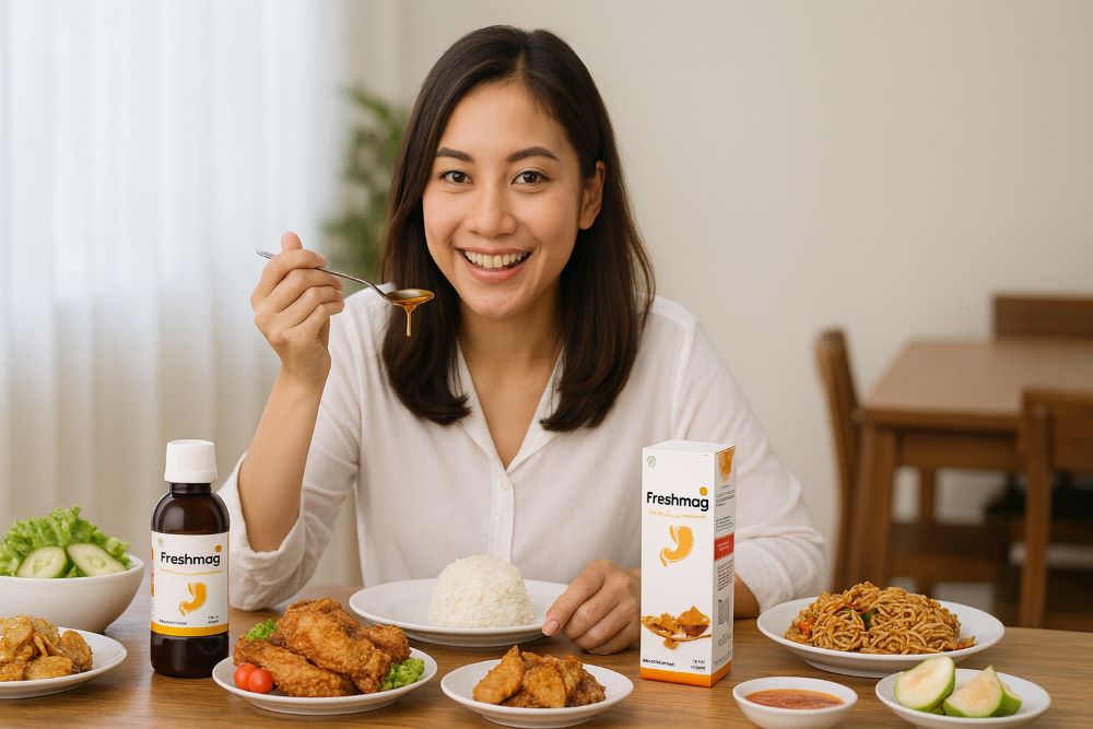 Ilustrasi Wanita Minum Freshmag Sebelum Makan Banyak