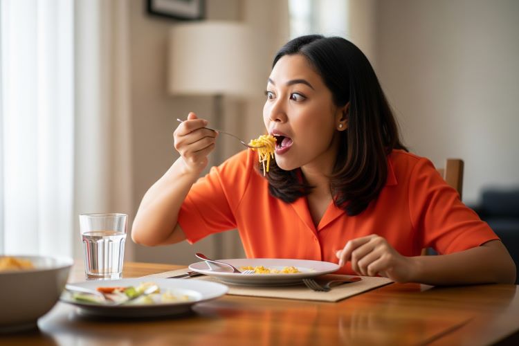 (Ilustrasi seseorang makan terlalu cepat yang bisa memicu GERD, Sumber: AI Google Gemini)