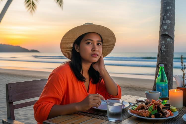 (Ilustrasi seseorang makan tidak teratur saat traveling, Sumber: AI Google Gemini)