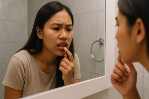 Wanita Sedang Cek Karang Gigi Sambil Berkaca