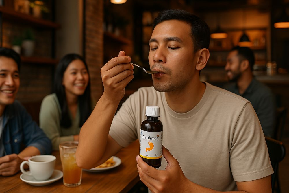 Ilustrasi Pria Sedang Minum Freshmag di Tempat Makan