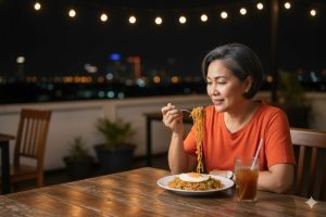 (Ilustrasi seseorang sedang mengonsumsi makanan di malam hari, Sumber: Freepik)