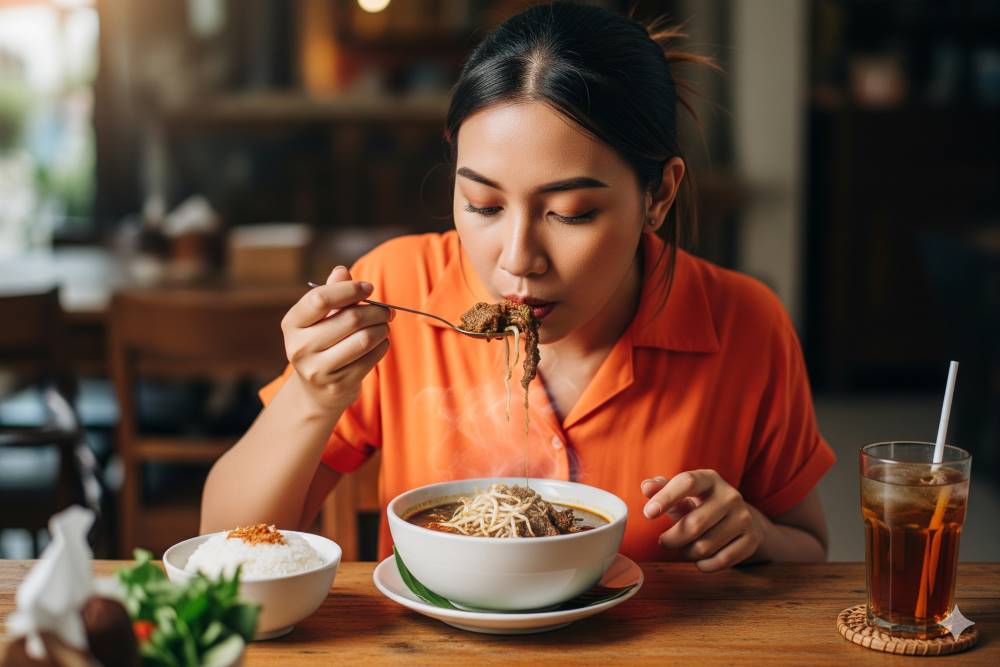 (Ilustrasi seseorang mengonsumsi bakso malang, Sumber: AI Google Gemini)