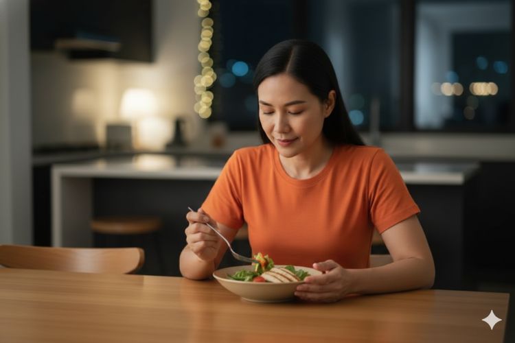 (Ilustrasi seseorang mengonsumsi makanan yang mudah dicerna saat malam hari, Sumber: AI Google Gemini)