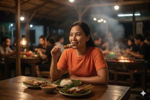 (Ilustrasi seseorang mengonsumsi sate klopo di malam hari, Sumber: AI Google Gemini)