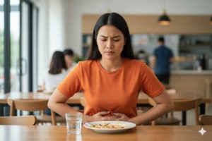 (Ilustrasi seseorang mengalami maag saat makan, Sumber: AI Google Gemini)