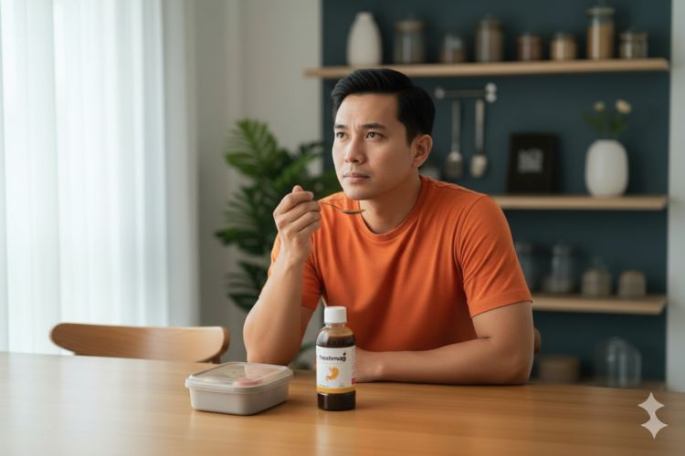 (Ilustrasi seseorang mengonsumsi madu herbal freshmag sebelum makan, Sumber: AI Google Gemini)