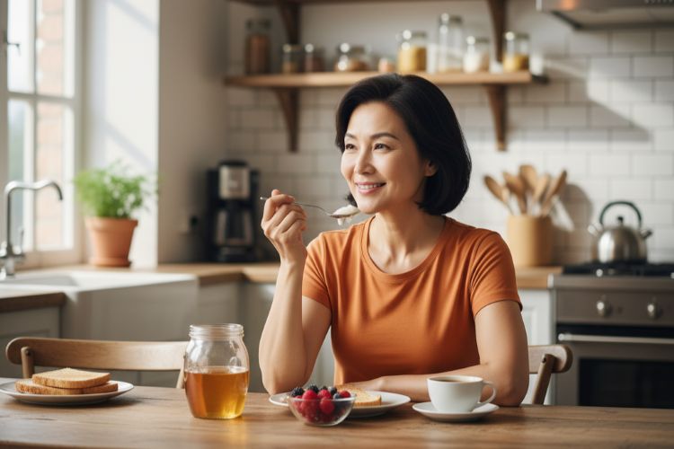 (Ilustrasi seseorang mengonsumsi madu sebelum sarapan, Sumber: AI Google Gemini)